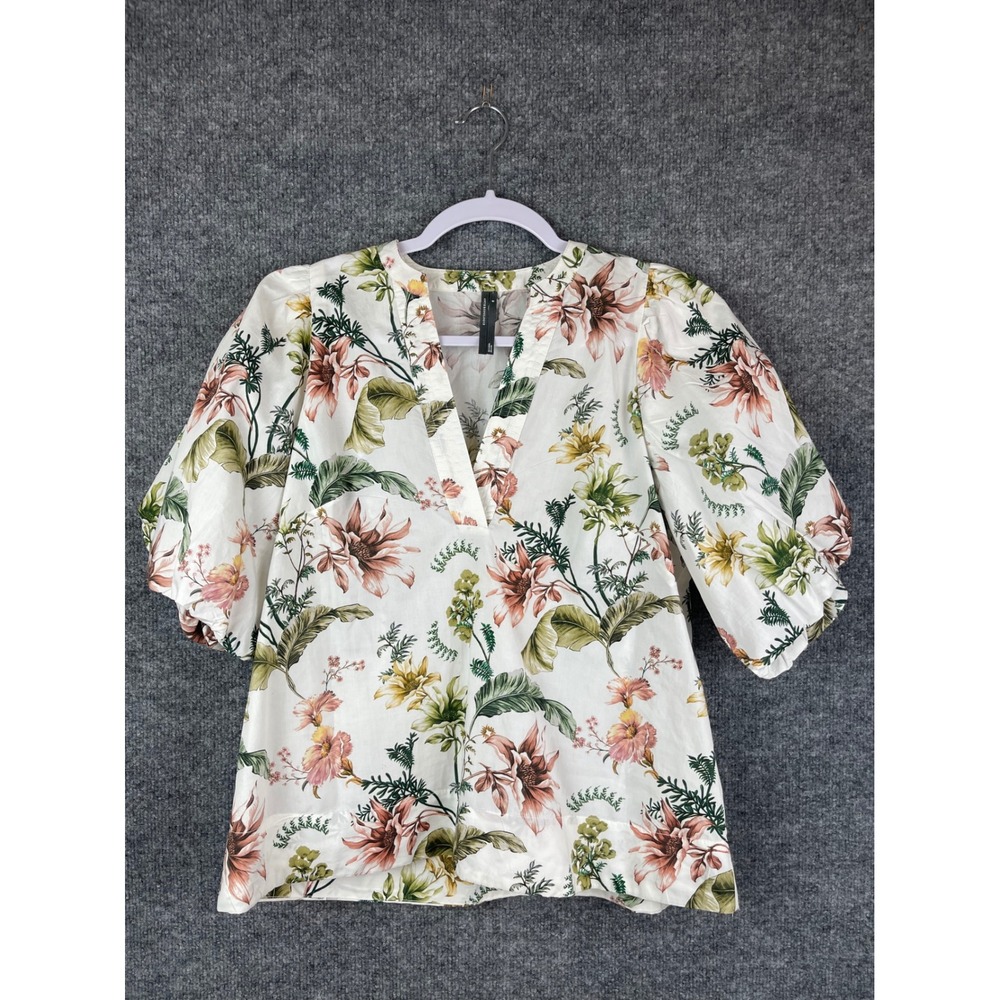 Anthropologie Floral Puff Sleeve Top Womens Size M White V-Neck Cotton Excellent